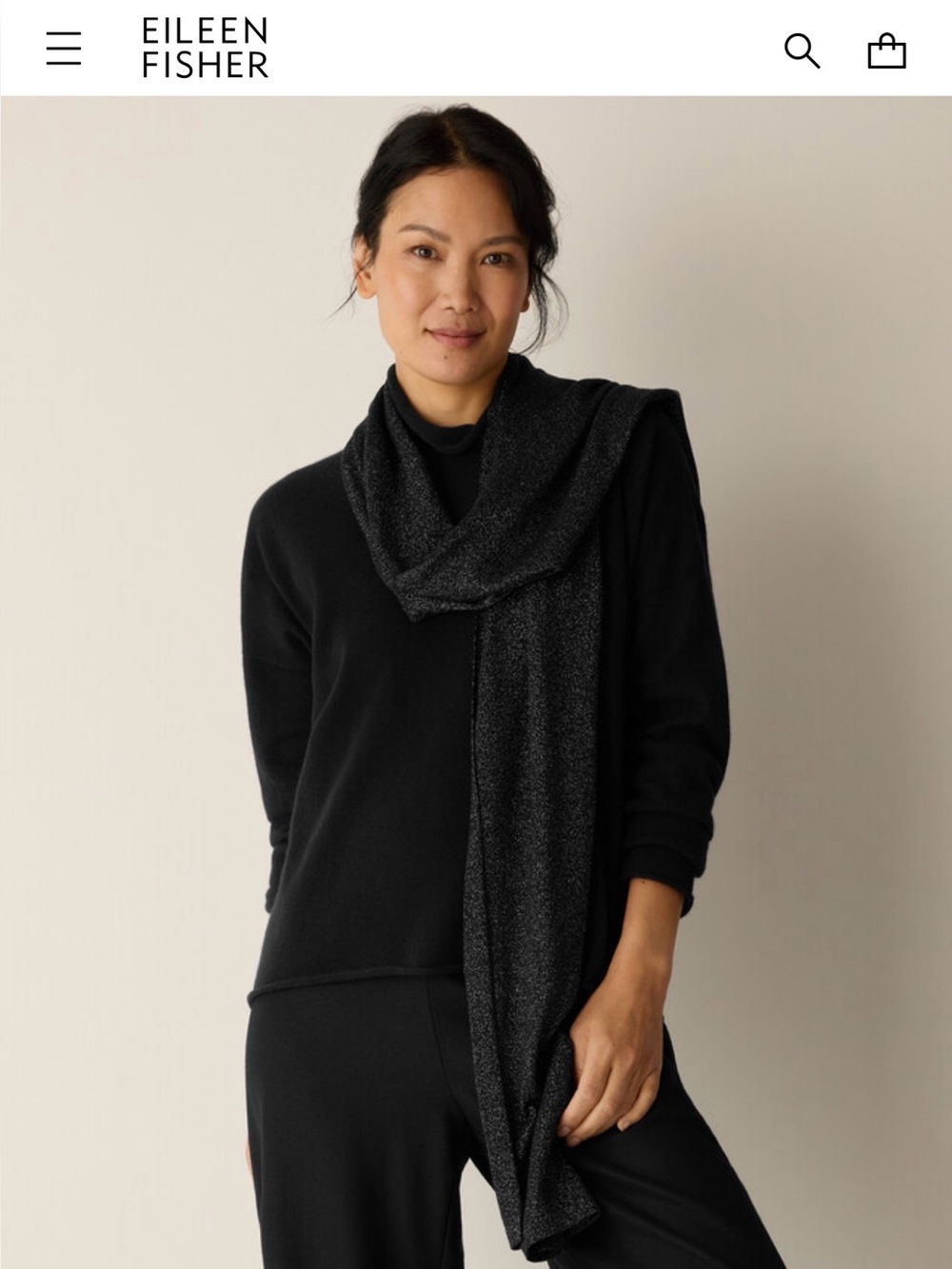 Eileen Fisher Black Shimmer Knit Scarf Merino Wool